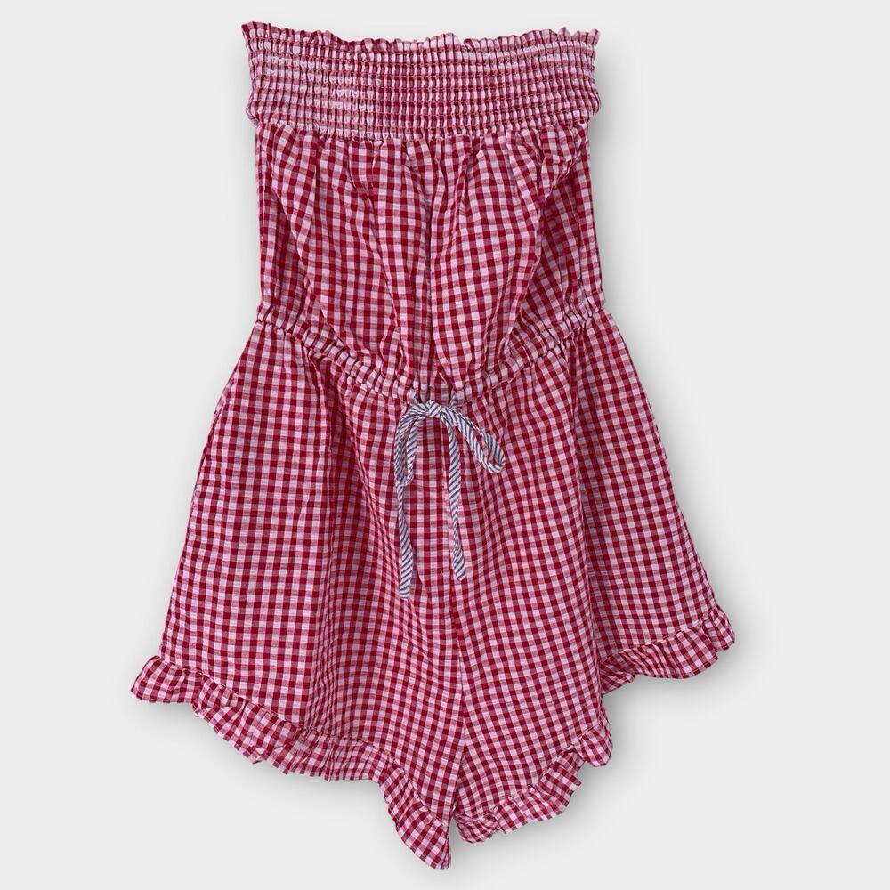 NWT Bucketlist Seersucker Romper Red Gingham Off the Shoulder Ruffle S
